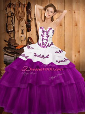Fuchsia Tulle Lace Up Strapless Sleeveless Quince Ball Gowns Sweep Train Embroidery and Ruffled Layers