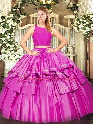 Sleeveless Tulle Floor Length Zipper Quinceanera Gowns in Fuchsia with Ruffled Layers