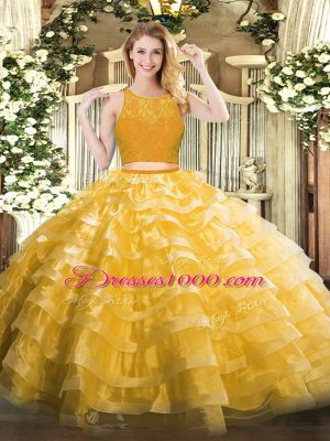 Luxurious Gold Organza Zipper Sweet 16 Dresses Sleeveless Floor Length Lace and Ruffled Layers