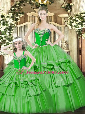 Romantic Organza Sweetheart Sleeveless Lace Up Beading and Ruffled Layers Quinceanera Gown in Green