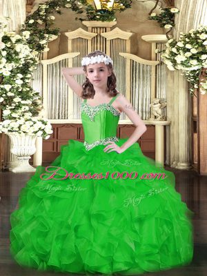 Attractive Beading and Ruffles Girls Pageant Dresses Green Lace Up Sleeveless Floor Length