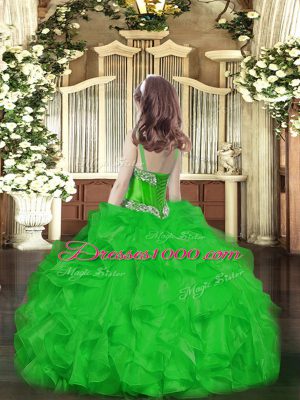 Attractive Beading and Ruffles Girls Pageant Dresses Green Lace Up Sleeveless Floor Length