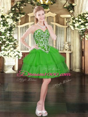 Sleeveless Mini Length Beading and Ruffled Layers Lace Up Dress for Prom with Green