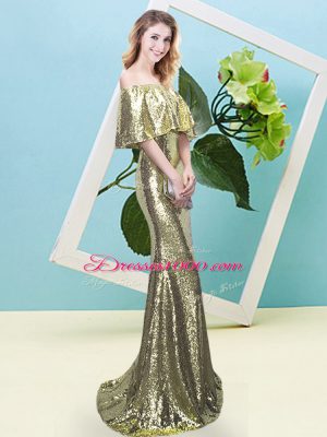 Charming Mermaid Prom Evening Gown Yellow Off The Shoulder Sequined Half Sleeves Floor Length Zipper