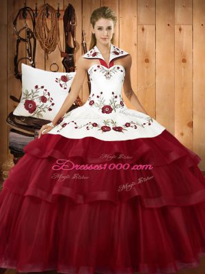 On Sale Satin and Organza Sleeveless With Train 15th Birthday Dress Sweep Train and Embroidery and Ruffled Layers