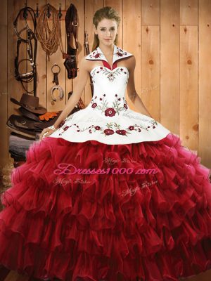 Wine Red 15 Quinceanera Dress Military Ball and Sweet 16 and Quinceanera with Embroidery and Ruffled Layers Halter Top Sleeveless Lace Up