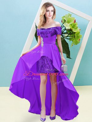 Comfortable Short Sleeves Elastic Woven Satin and Sequined High Low Lace Up in Eggplant Purple with Beading