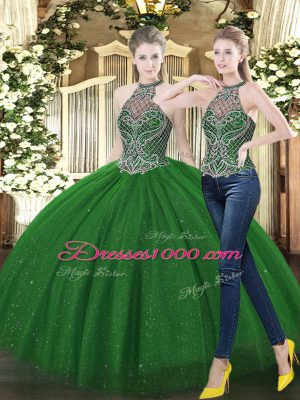 Fabulous Sleeveless Tulle Floor Length Lace Up Quinceanera Dress in Dark Green with Beading