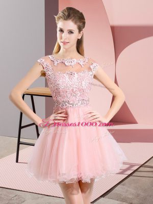 Baby Pink Side Zipper Bridesmaid Gown Beading and Lace Sleeveless Knee Length