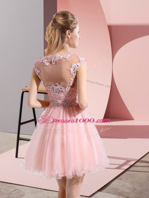 Baby Pink Side Zipper Bridesmaid Gown Beading and Lace Sleeveless Knee Length