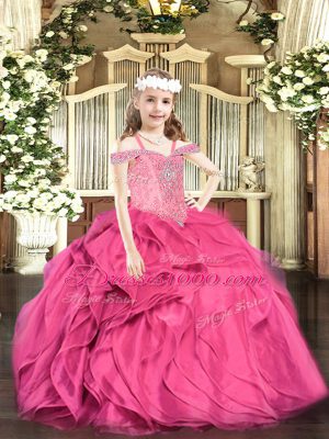 Ball Gowns Pageant Dresses Hot Pink Off The Shoulder Organza Sleeveless Floor Length Lace Up