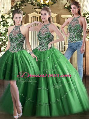 Sexy Sleeveless Tulle Floor Length Lace Up Sweet 16 Dress in Green with Beading