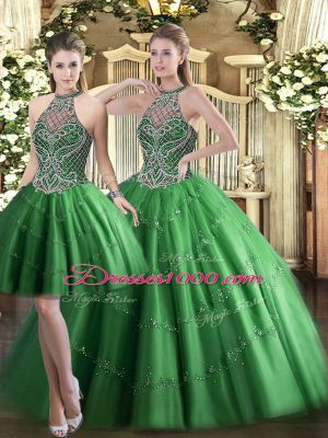 Sexy Sleeveless Tulle Floor Length Lace Up Sweet 16 Dress in Green with Beading