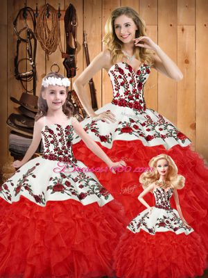 Fabulous White And Red Sleeveless Embroidery and Ruffles Floor Length Quinceanera Gowns