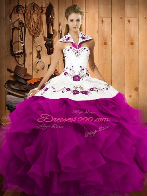Ball Gowns 15 Quinceanera Dress Fuchsia Halter Top Tulle Sleeveless Floor Length Lace Up