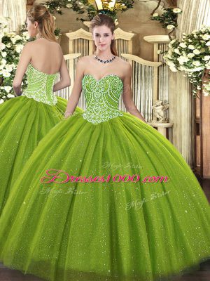 Stunning Olive Green Ball Gowns Sweetheart Sleeveless Tulle Floor Length Lace Up Beading 15th Birthday Dress
