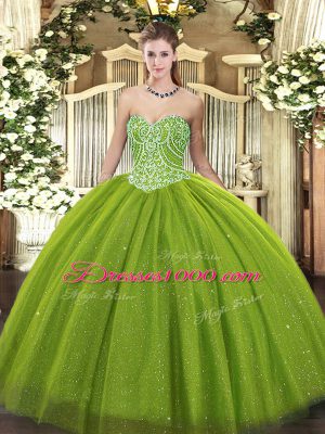 Stunning Olive Green Ball Gowns Sweetheart Sleeveless Tulle Floor Length Lace Up Beading 15th Birthday Dress