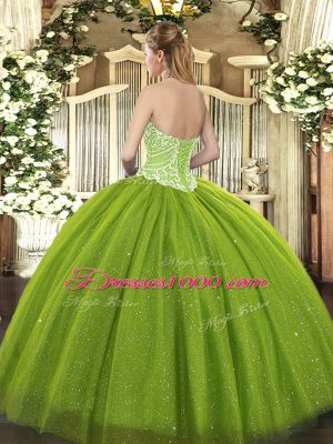 Stunning Olive Green Ball Gowns Sweetheart Sleeveless Tulle Floor Length Lace Up Beading 15th Birthday Dress