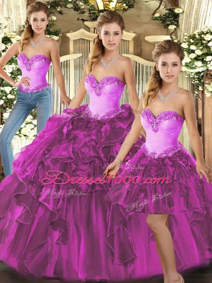 Free and Easy Organza Sweetheart Sleeveless Lace Up Beading and Ruffles Ball Gown Prom Dress in Fuchsia