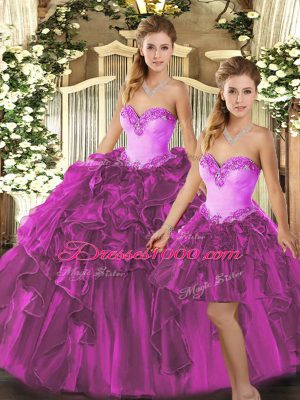 Free and Easy Organza Sweetheart Sleeveless Lace Up Beading and Ruffles Ball Gown Prom Dress in Fuchsia