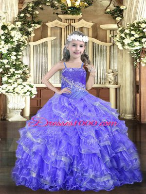 Lavender Straps Neckline Beading and Ruffled Layers Little Girls Pageant Dress Wholesale Sleeveless Lace Up
