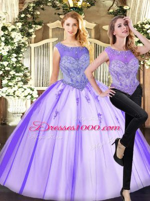 Lavender Zipper Quince Ball Gowns Beading Sleeveless Floor Length
