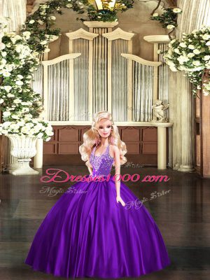 Straps Sleeveless Sweet 16 Dresses Floor Length Beading Purple Organza