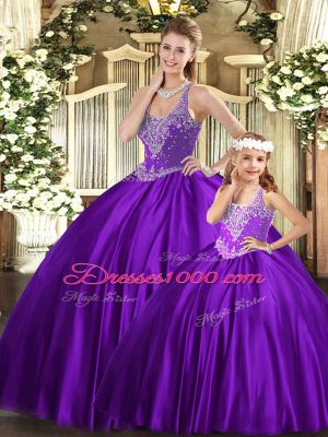 Straps Sleeveless Sweet 16 Dresses Floor Length Beading Purple Organza