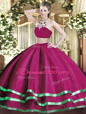 Sleeveless Tulle Floor Length Backless 15th Birthday Dress in Fuchsia with Beading
