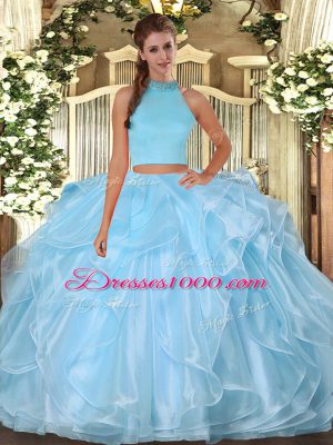 Light Blue Sleeveless Organza Backless Ball Gown Prom Dress for Military Ball and Sweet 16 and Quinceanera