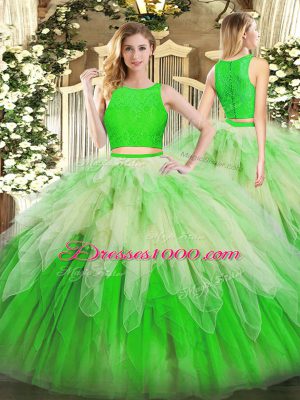 Customized Lace and Ruffles Quinceanera Dress Green Zipper Sleeveless Floor Length