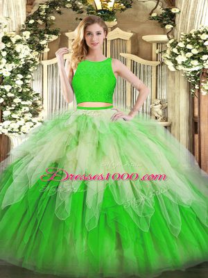 Customized Lace and Ruffles Quinceanera Dress Green Zipper Sleeveless Floor Length