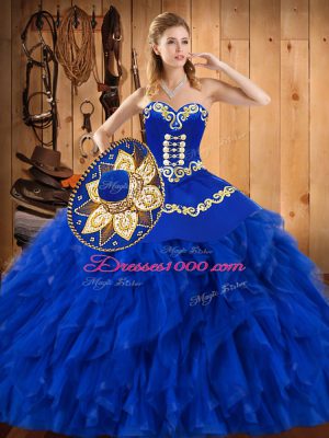 Chic Sweetheart Sleeveless Quince Ball Gowns Floor Length Embroidery and Ruffles Blue Satin and Organza