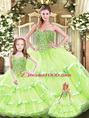 Yellow Green Sweetheart Neckline Beading and Ruffled Layers Vestidos de Quinceanera Sleeveless Lace Up