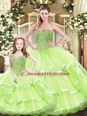 Yellow Green Sweetheart Neckline Beading and Ruffled Layers Vestidos de Quinceanera Sleeveless Lace Up