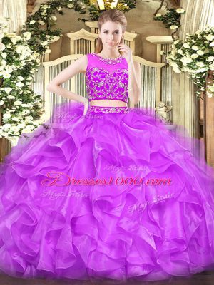 Beautiful Floor Length Two Pieces Sleeveless Lilac Quince Ball Gowns Zipper