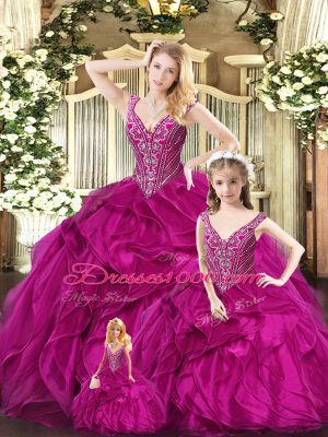 Captivating Sleeveless Floor Length Ruffles Lace Up Quinceanera Gowns with Fuchsia
