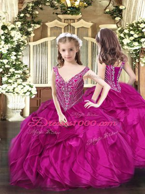 Captivating Sleeveless Floor Length Ruffles Lace Up Quinceanera Gowns with Fuchsia