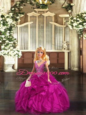 Captivating Sleeveless Floor Length Ruffles Lace Up Quinceanera Gowns with Fuchsia