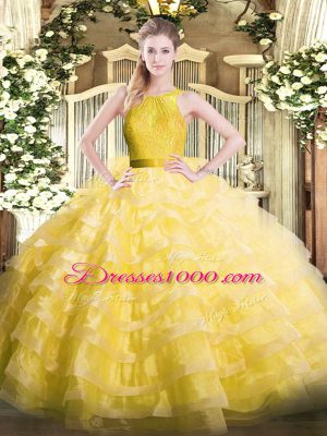 Classical Scoop Sleeveless 15th Birthday Dress Floor Length Ruffled Layers Yellow Organza