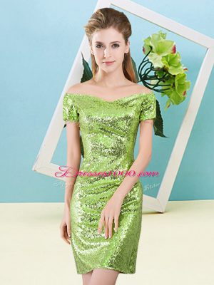 Custom Fit Yellow Green Off The Shoulder Neckline Sequins Prom Evening Gown Short Sleeves Zipper