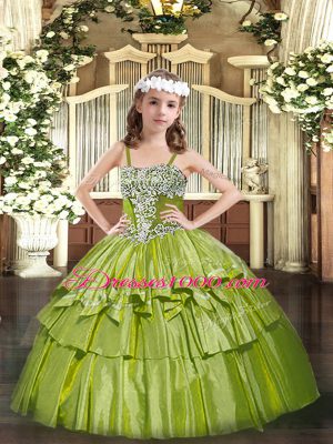 Fashion Olive Green Sleeveless Appliques and Ruffled Layers Floor Length Custom Made Pageant Dress