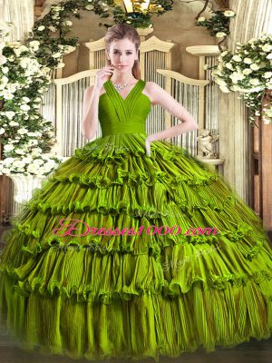 Free and Easy Olive Green V-neck Neckline Ruffled Layers Quinceanera Gown Sleeveless Zipper