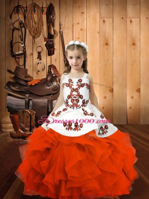 Nice Orange Red Sleeveless Embroidery Floor Length Little Girl Pageant Gowns