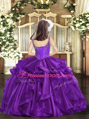 Sleeveless Floor Length Beading and Ruffles Lace Up Little Girl Pageant Gowns with Fuchsia