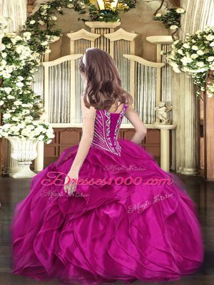 Enchanting Purple Ball Gowns V-neck Sleeveless Organza Floor Length Lace Up Beading and Ruffles Glitz Pageant Dress