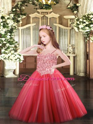 Coral Red Ball Gowns Tulle Spaghetti Straps Sleeveless Appliques Floor Length Lace Up Pageant Gowns For Girls