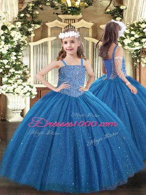 Ball Gowns Pageant Dress Blue Straps Tulle Sleeveless Floor Length Lace Up
