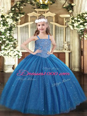 Ball Gowns Pageant Dress Blue Straps Tulle Sleeveless Floor Length Lace Up