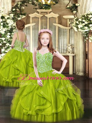 Adorable Olive Green Ball Gowns Spaghetti Straps Sleeveless Tulle Floor Length Lace Up Beading and Ruffles Child Pageant Dress